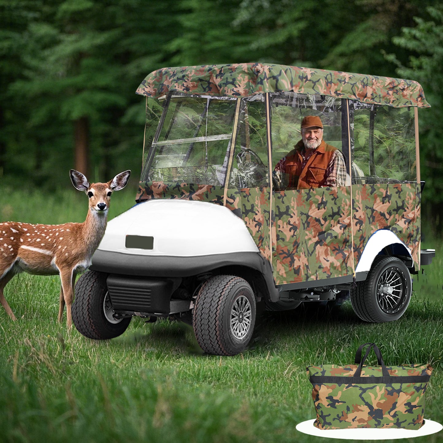 Camo Golf Cart Enclosures 4 Passenger Extended Roof, Universal Golfcart Poncho for Club Car Ezgo Yamaha