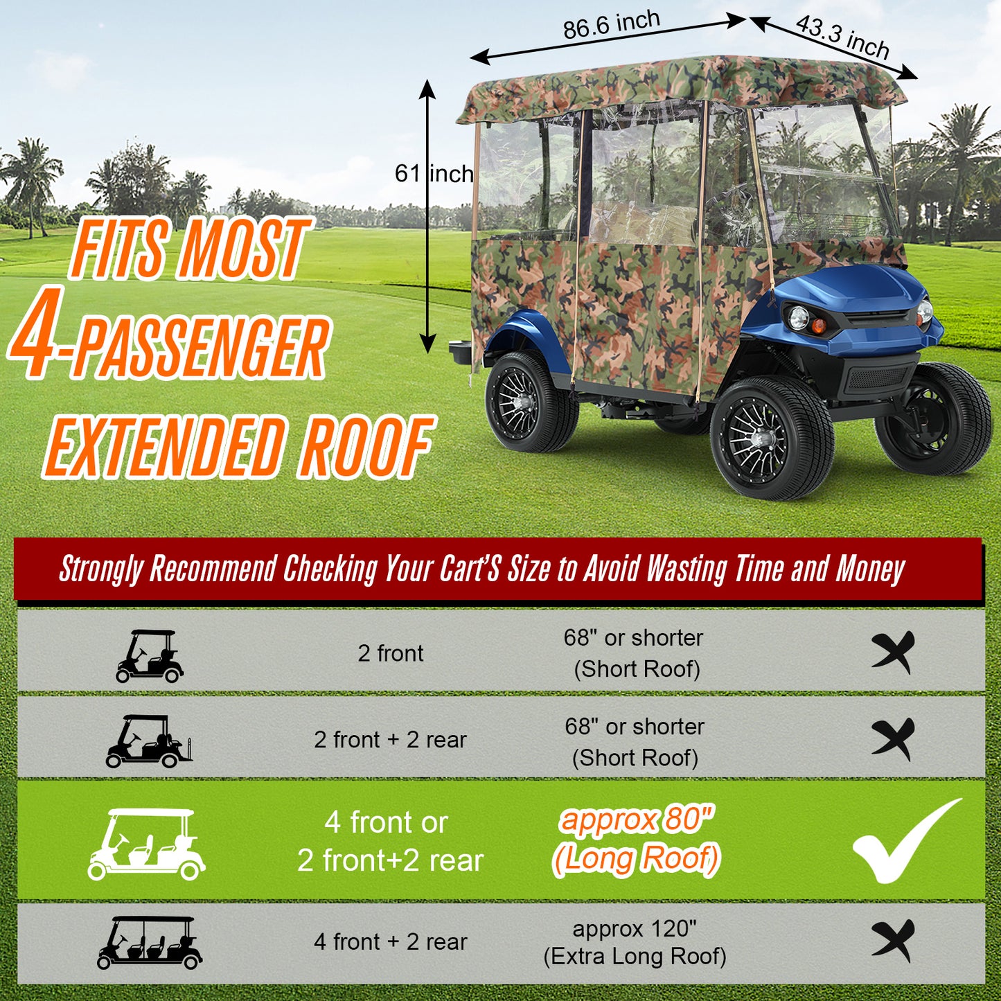 Camo Golf Cart Enclosures 4 Passenger Extended Roof, Universal Golfcart Poncho for Club Car Ezgo Yamaha