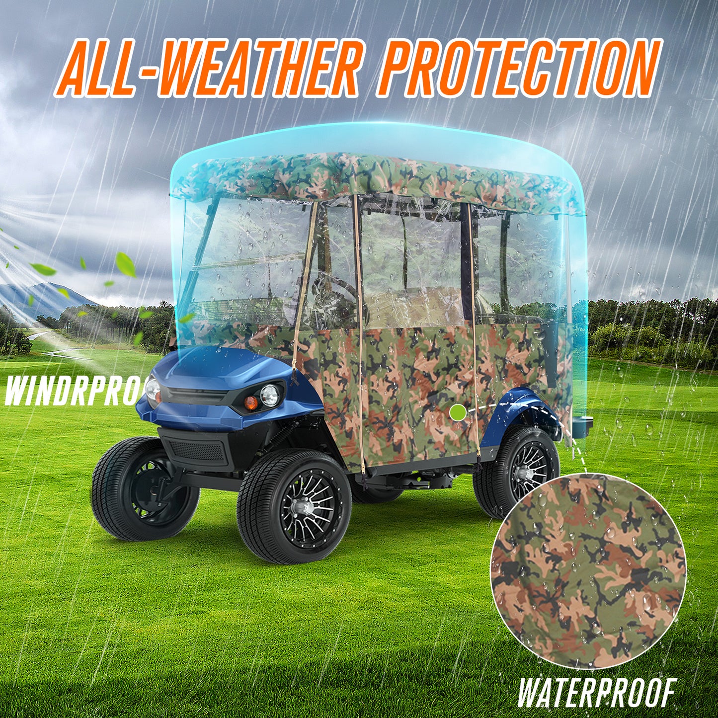 Camo Golf Cart Enclosures 4 Passenger Extended Roof, Universal Golfcart Poncho for Club Car Ezgo Yamaha