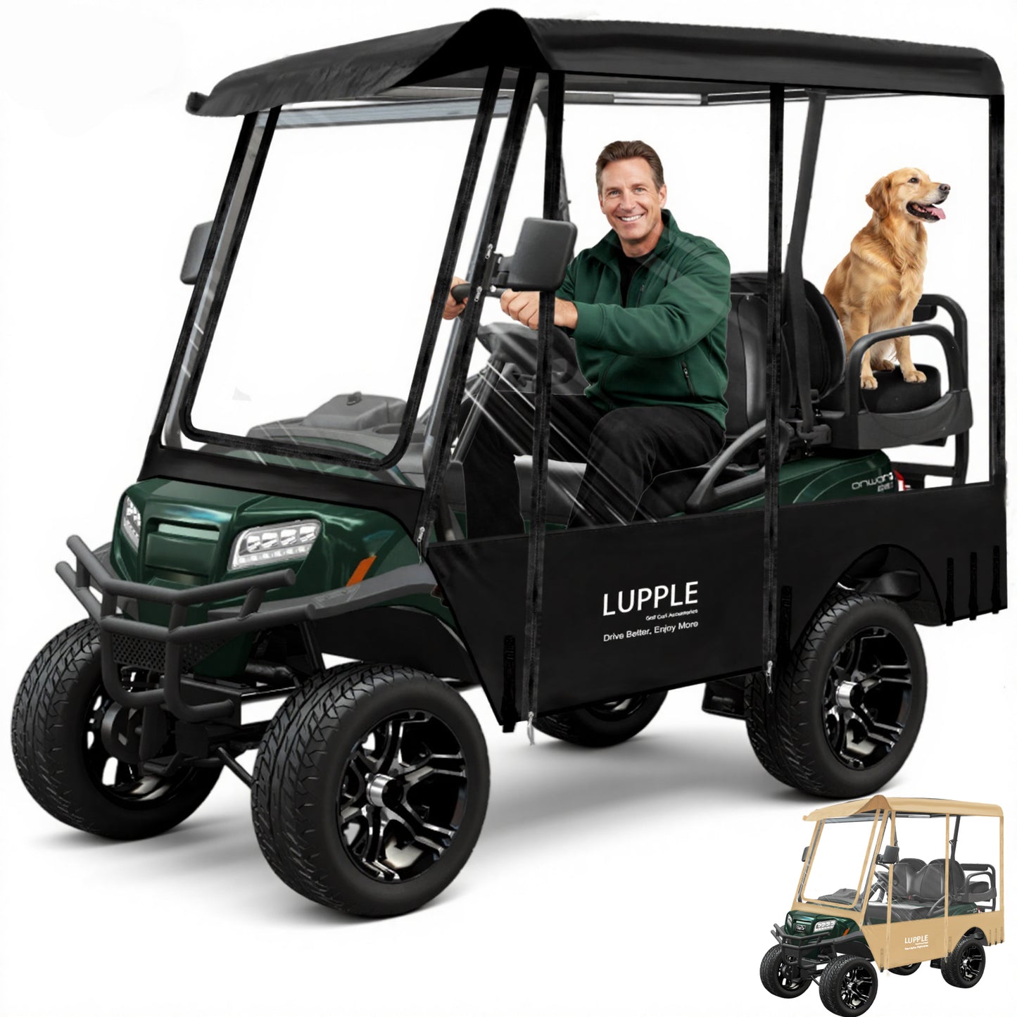 Universal 4 Passenger Golf Cart Enclosure 86.6" Extended Roof for EZGO Yamaha Club Car Evolution, 600D Waterproof & Windproof Rain Cover, 4-Sided Clear PVC Window for All-Weather Winter Driving