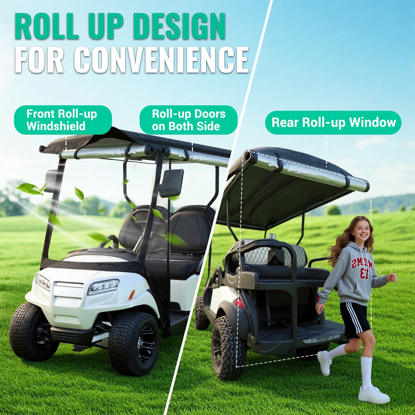 Universal 4 Passenger Golf Cart Enclosure 86.6" Extended Roof for EZGO Yamaha Club Car Evolution, 600D Waterproof & Windproof Rain Cover, 4-Sided Clear PVC Window for All-Weather Winter Driving