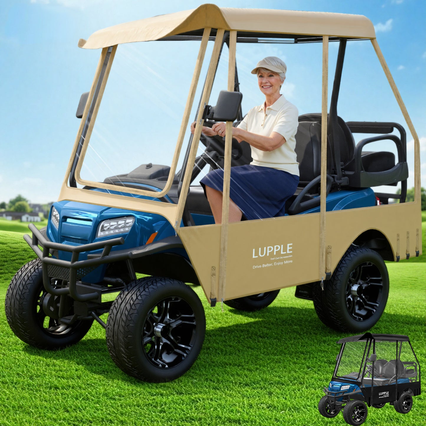 Club Car Precedent 4-Passenger Golf Cart Enclosure, 59in Short Roof, 600D+PVC, Elastic Hem & Hooks, 4-Side Zip Doors