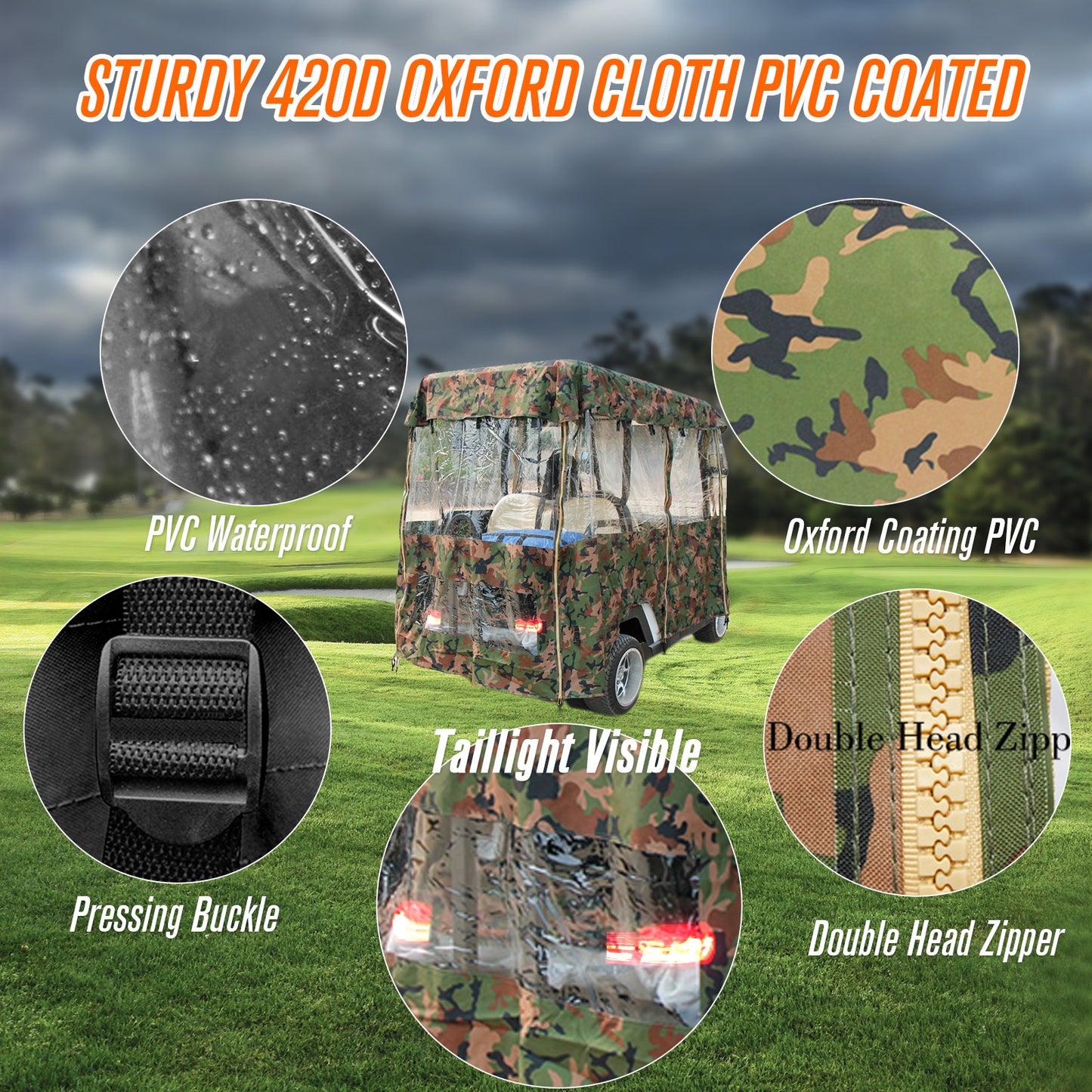 Camo Golf Cart Enclosures 4 Passenger Extended Roof, Universal Golfcart Poncho for Club Car Ezgo Yamaha