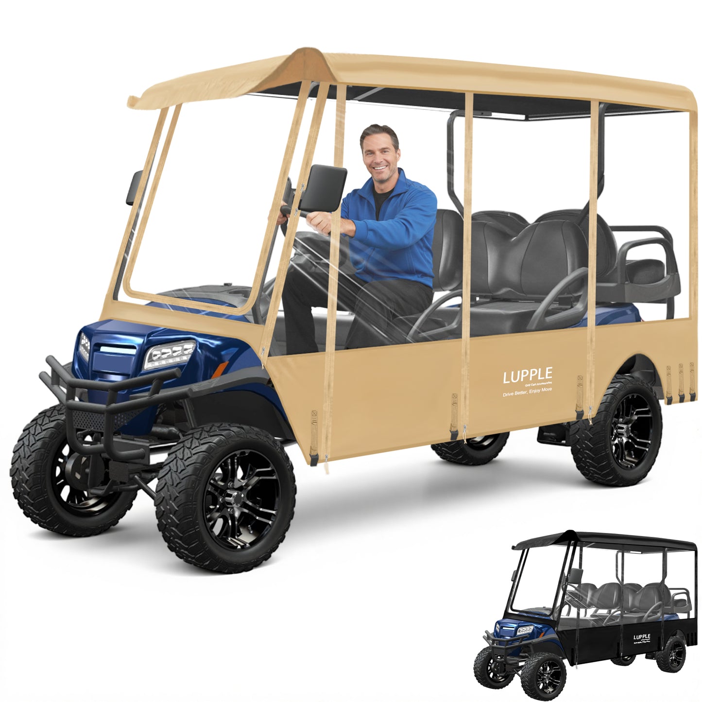 Universal 6-Passenger Golf Cart Enclosure 120in Long Roof For Club Car/EZGO/Yamaha/Evolution, 600D+PVC, 4-Side Doors