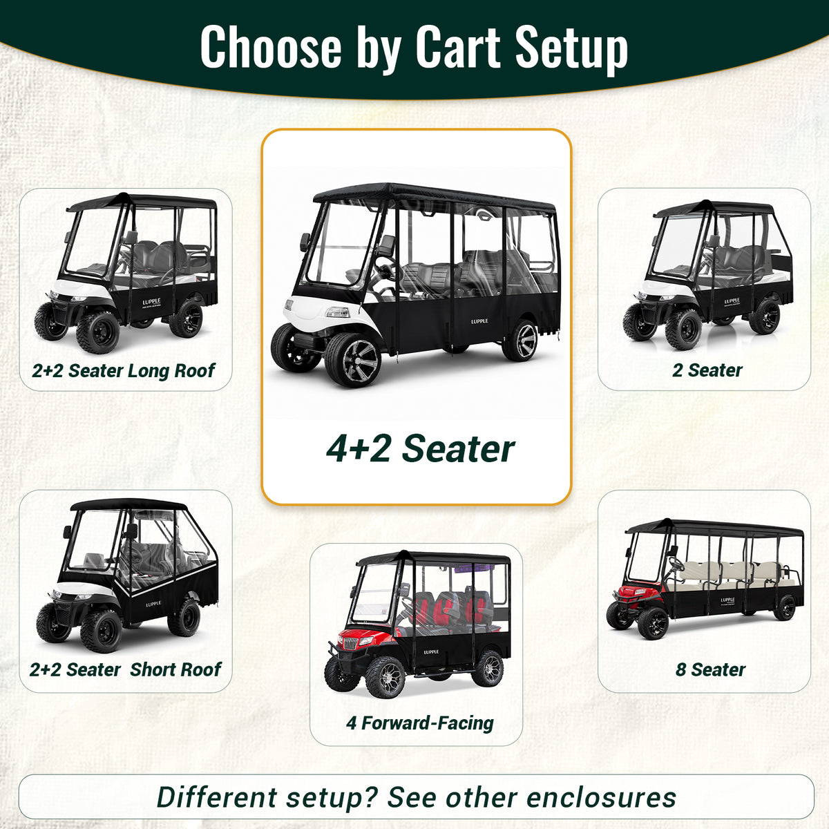 Universal 6 Passenger Golf Cart Enclosure for 114–122" Long Roof, 4+2 Seating