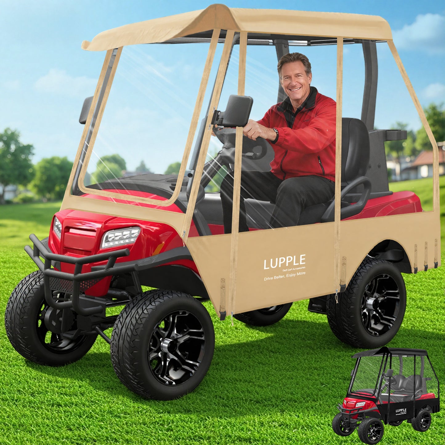 Universal 2-Passenger Golf Cart Enclosure Fits EZGO/Club Car/Yamaha/Evolution/ICON, 600D+PVC, 4-Side Zips