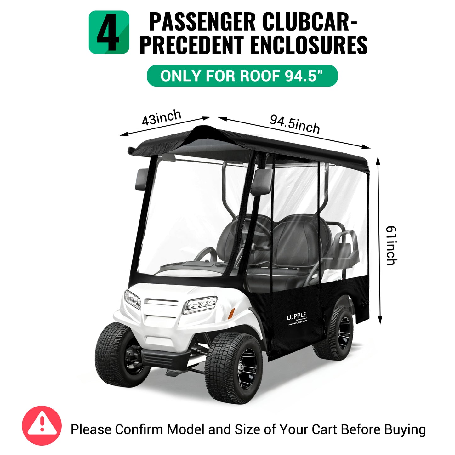Club Car Precedent 4-Passenger Enclosure, 94.49" Extended Roof, 600D+PVC, Elastic Hem & Hooks, 4-Side Zip Doors
