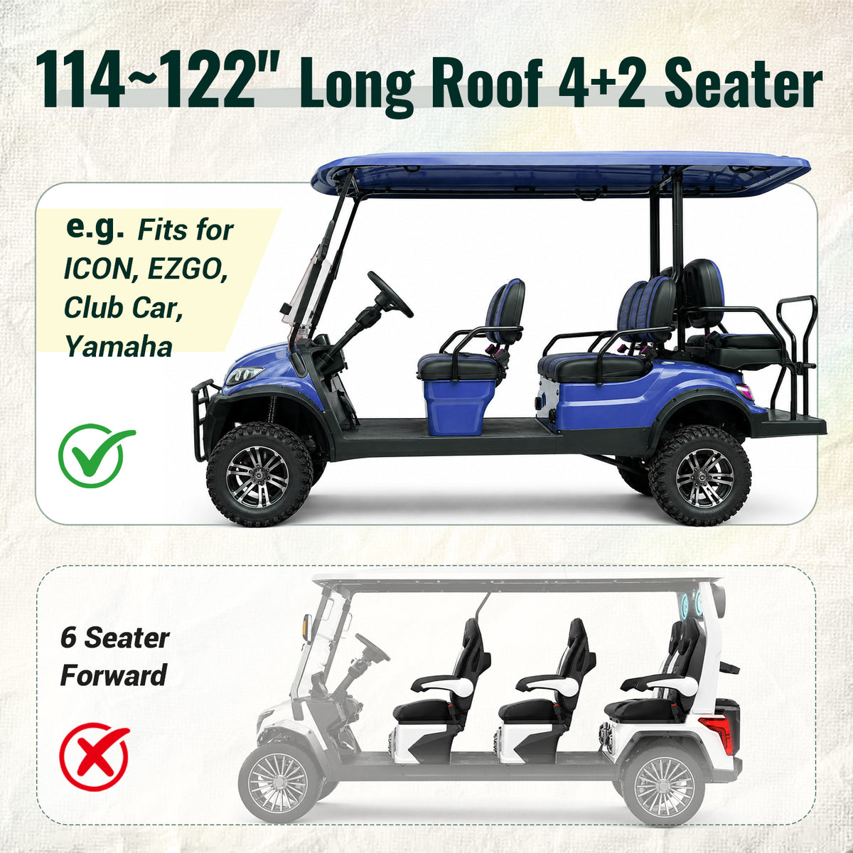 Universal 6 Passenger Golf Cart Enclosure for 114–122" Long Roof, 4+2 Seating