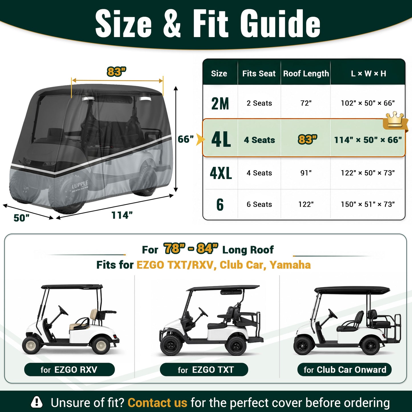 Golf Cart Cover for 2, 4 & 6 Passenger Carts, Waterproof Cover for Standard, XL, Lifted & Long Roofs