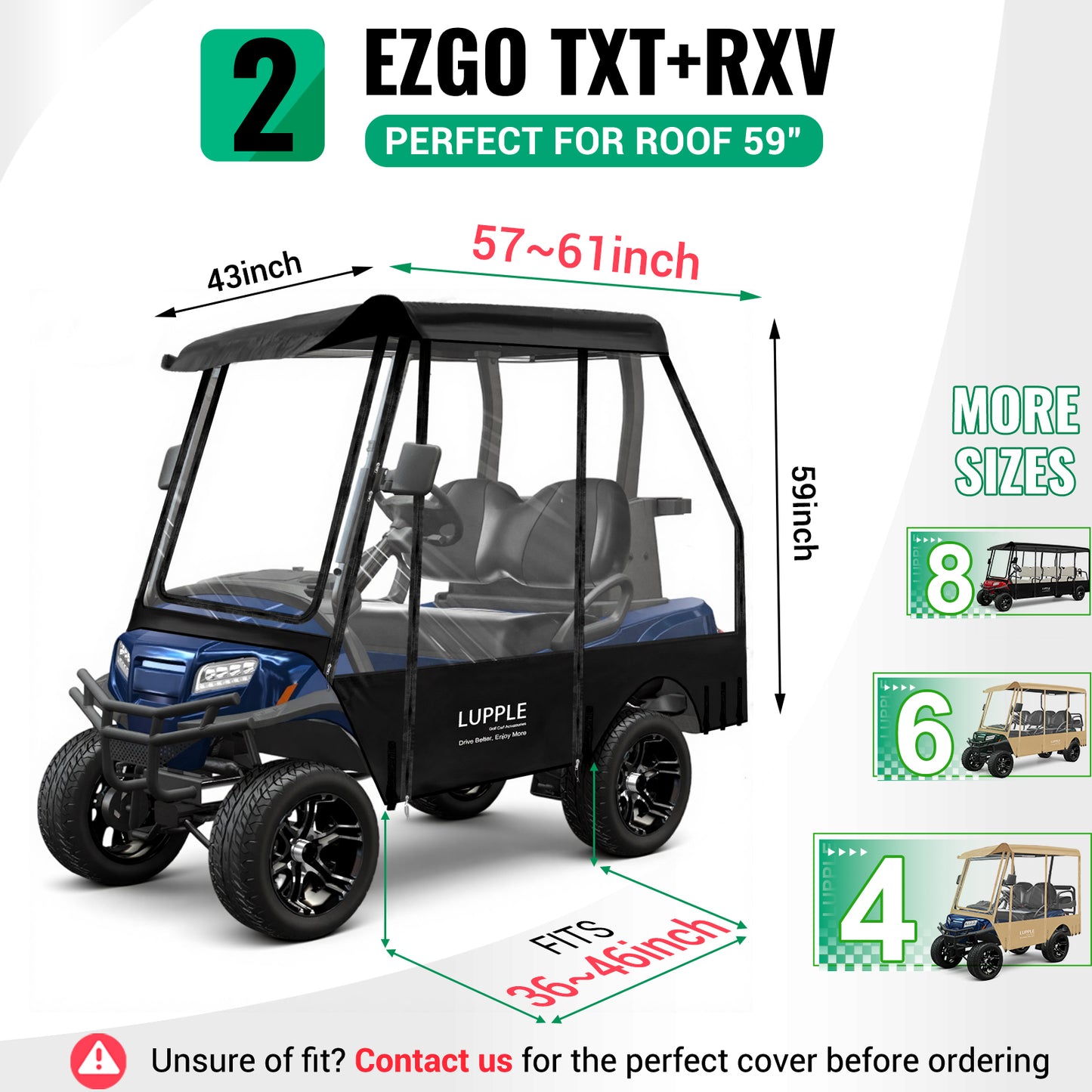 2 Passenger Golf Cart Enclosure for EZGO TXT/RXV, Fits 57–61" Roofs, 600D+PVC, Extended Rear Space, 4-Side Zip Doors