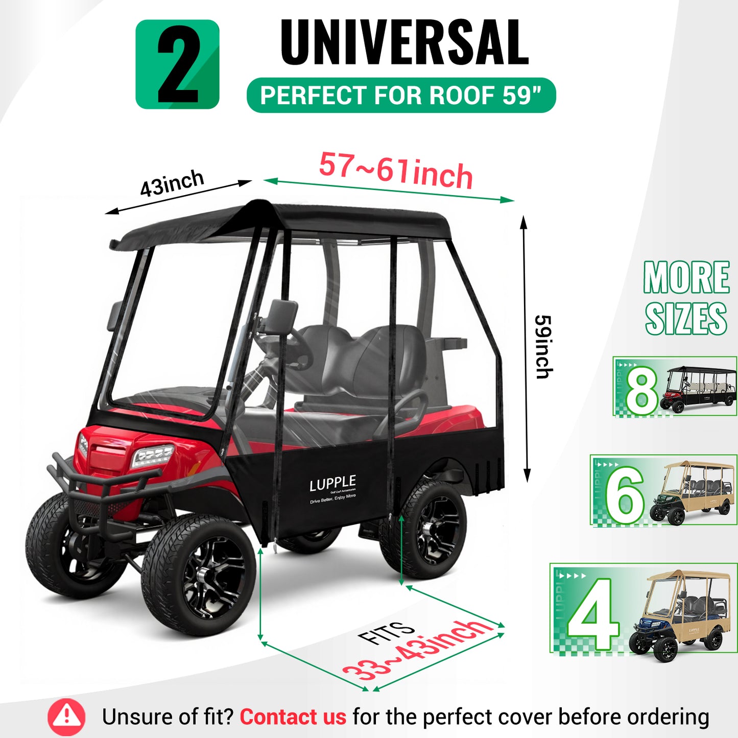 Universal 2-Passenger Golf Cart Enclosure Fits EZGO/Club Car/Yamaha/Evolution/ICON, 600D+PVC, 4-Side Zips
