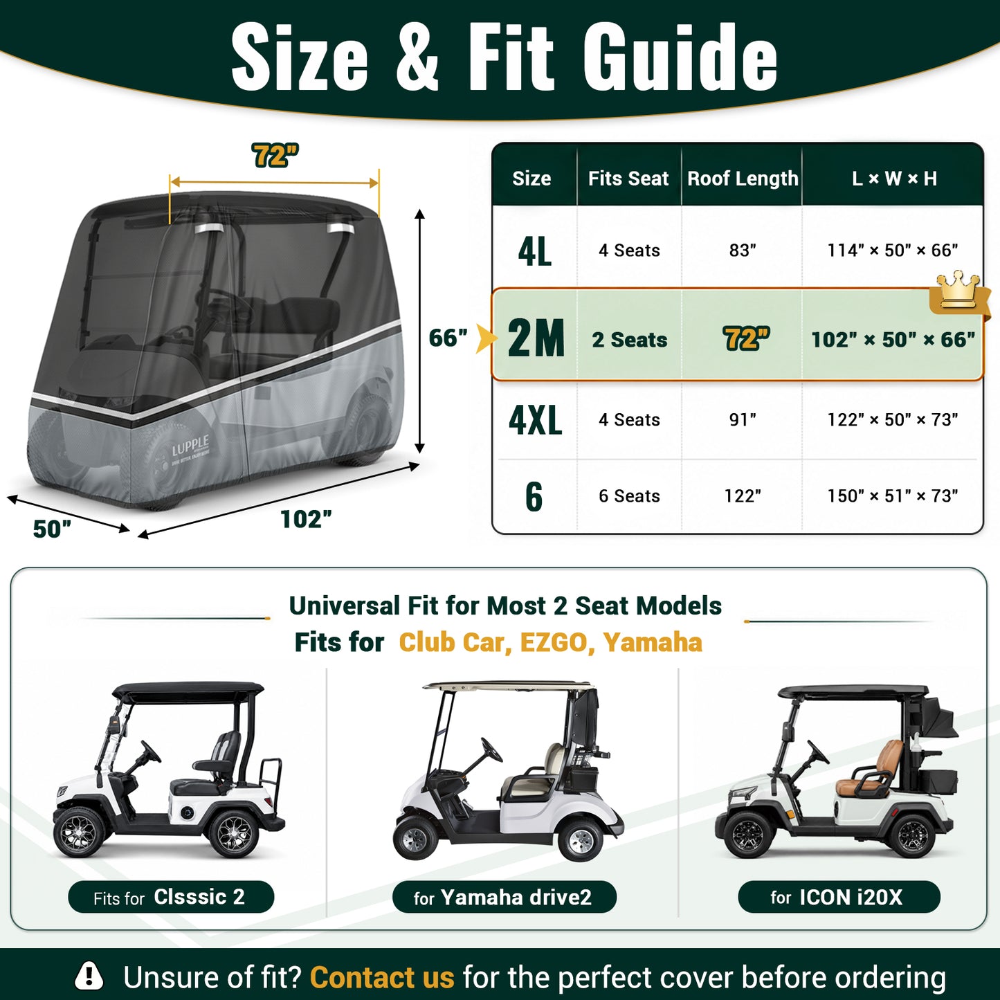 2 Passenger Golf Cart Cover for Yamaha Drive2 G29 ICON i20, Universal 2 Seat Weather Cover for 72" Roof Models