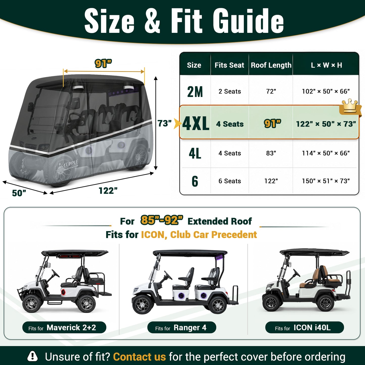 Golf Cart Cover for 2, 4 & 6 Passenger Carts, Waterproof Cover for Standard, XL, Lifted & Long Roofs