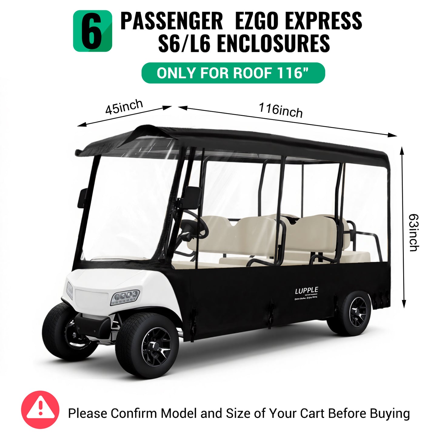 EZGO 6-Passenger Enclosure for Express S6/L6 (116in Roof), 600D+PVC, 4-Side Zip Doors