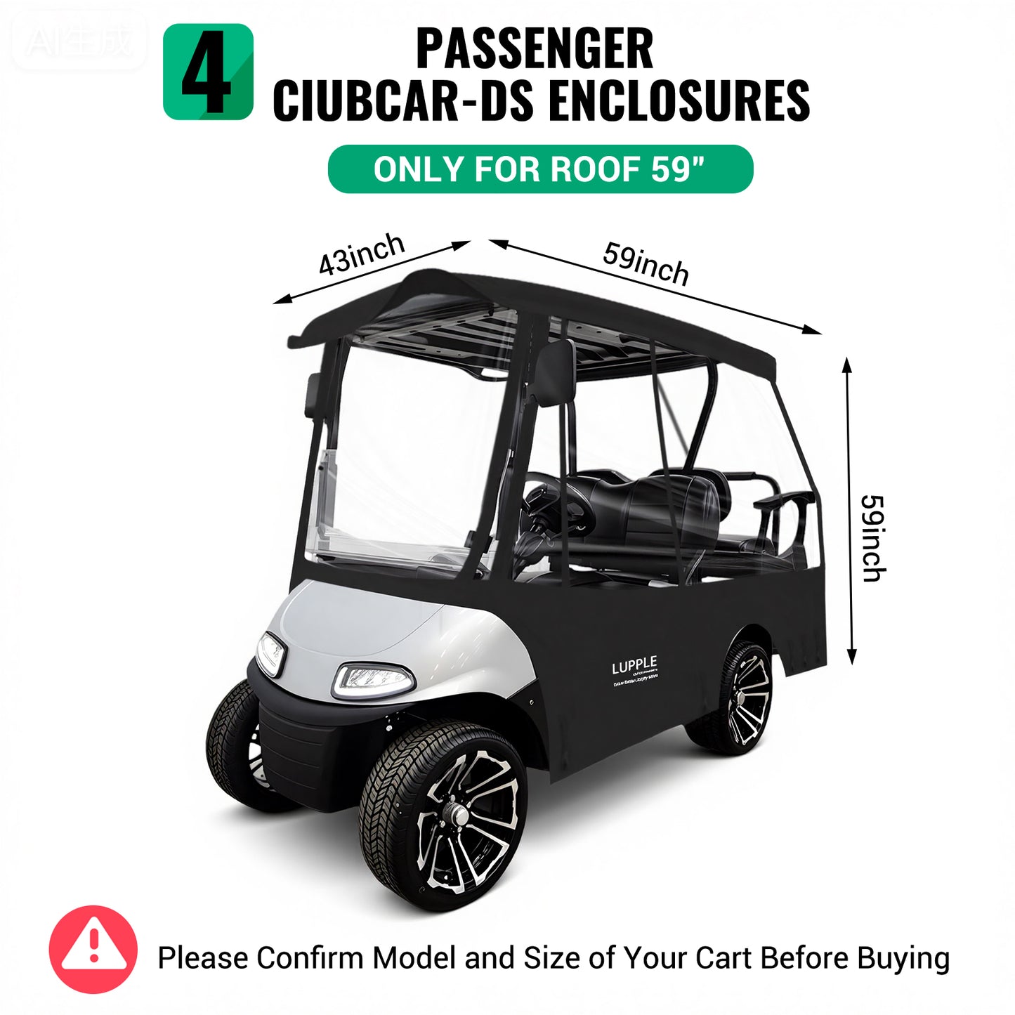 Club Car DS 4-Passenger Golf Cart Enclosure, 59in Short Roof, 600D+PVC, Elastic Hem & Hooks, 4-Side Zip Doors