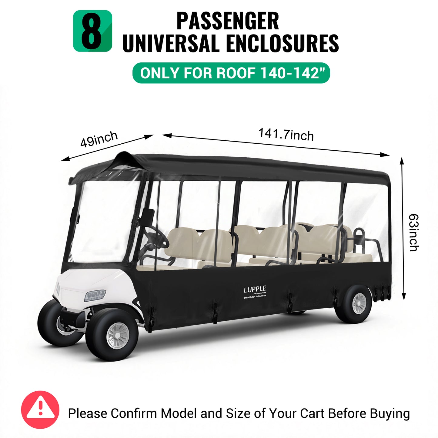 8-Passenger Golf Cart Enclosure 140–142" Roofs for Club Car/EZGO/Yamaha, 600D Oxford, 4-Side Zip Doors