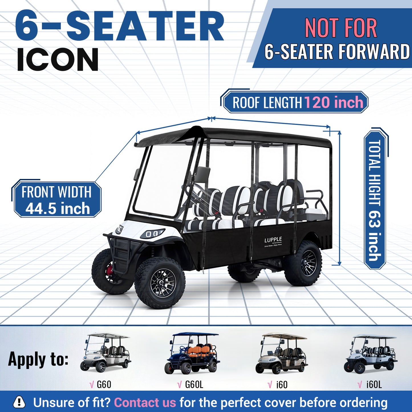 6 Passenger Golf Cart Enclosure for ICON i60 i60L G60 G60L, 4+2 Seater Rain Cover for Extended Long Roof