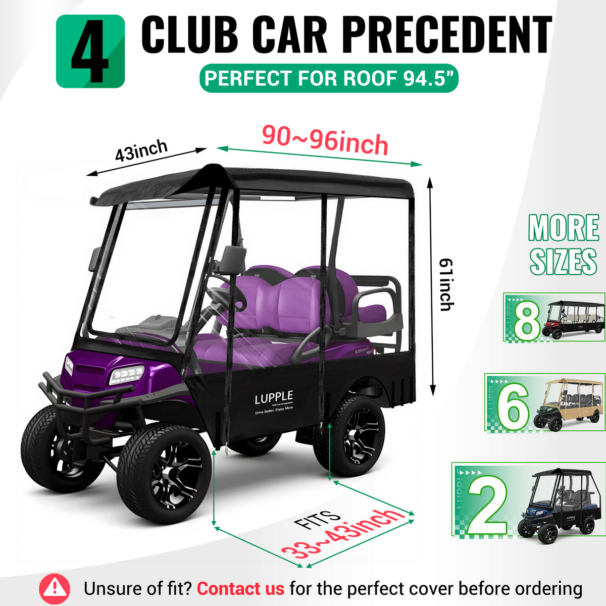 4 Passenger Golf Cart Enclosure Extended Roof 94.5" for Club Car Precedent