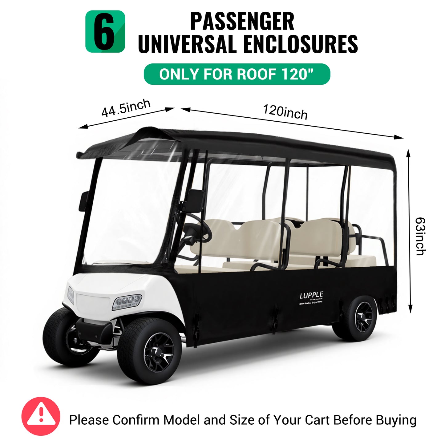 Universal 6-Passenger Golf Cart Enclosure 120in Long Roof For Club Car/EZGO/Yamaha/Evolution, 600D+PVC, 4-Side Doors