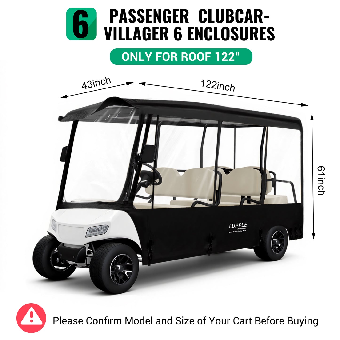6 Passenger Enclosure for Club Car, 122.05 in Roof, 600D+PVC, 4-Side Zip Doors, Elastic Hem & Hooks