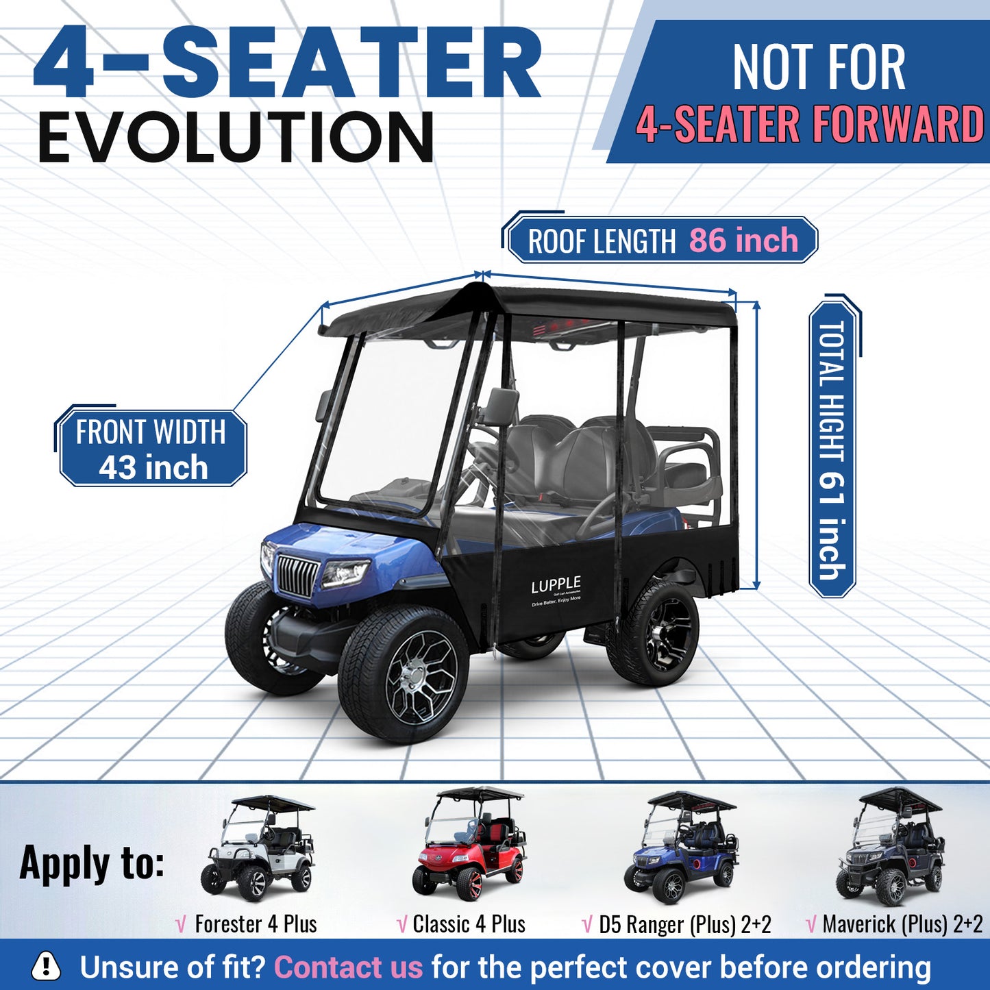 4 Passenger Golf Cart Enclosures for Evolution D5 Ranger/Maverick 2+2 Plus, for Evolution Classic/Forester 4 Plus