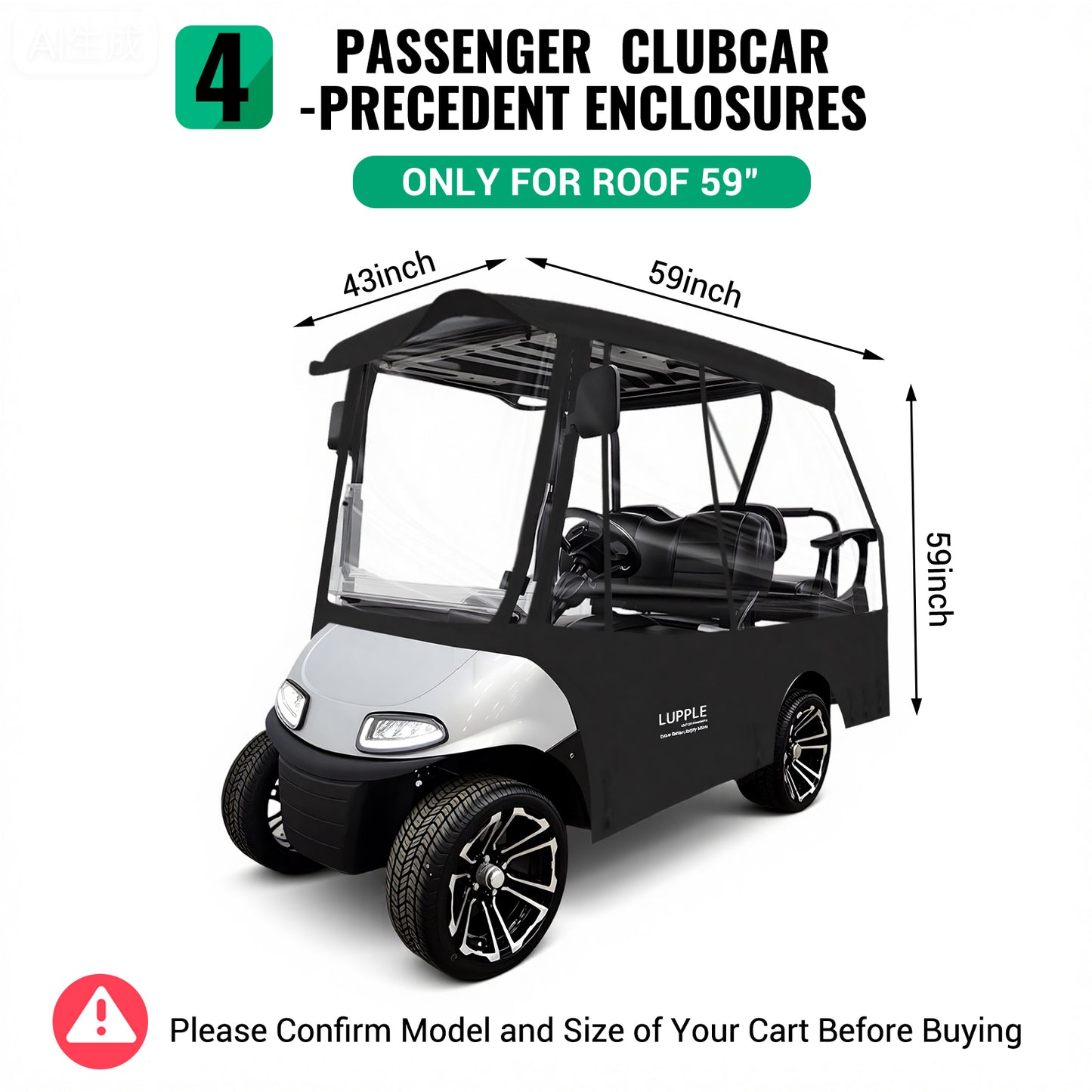 Club Car Precedent 4-Passenger Golf Cart Enclosure, 59in Short Roof, 600D+PVC, Elastic Hem & Hooks, 4-Side Zip Doors
