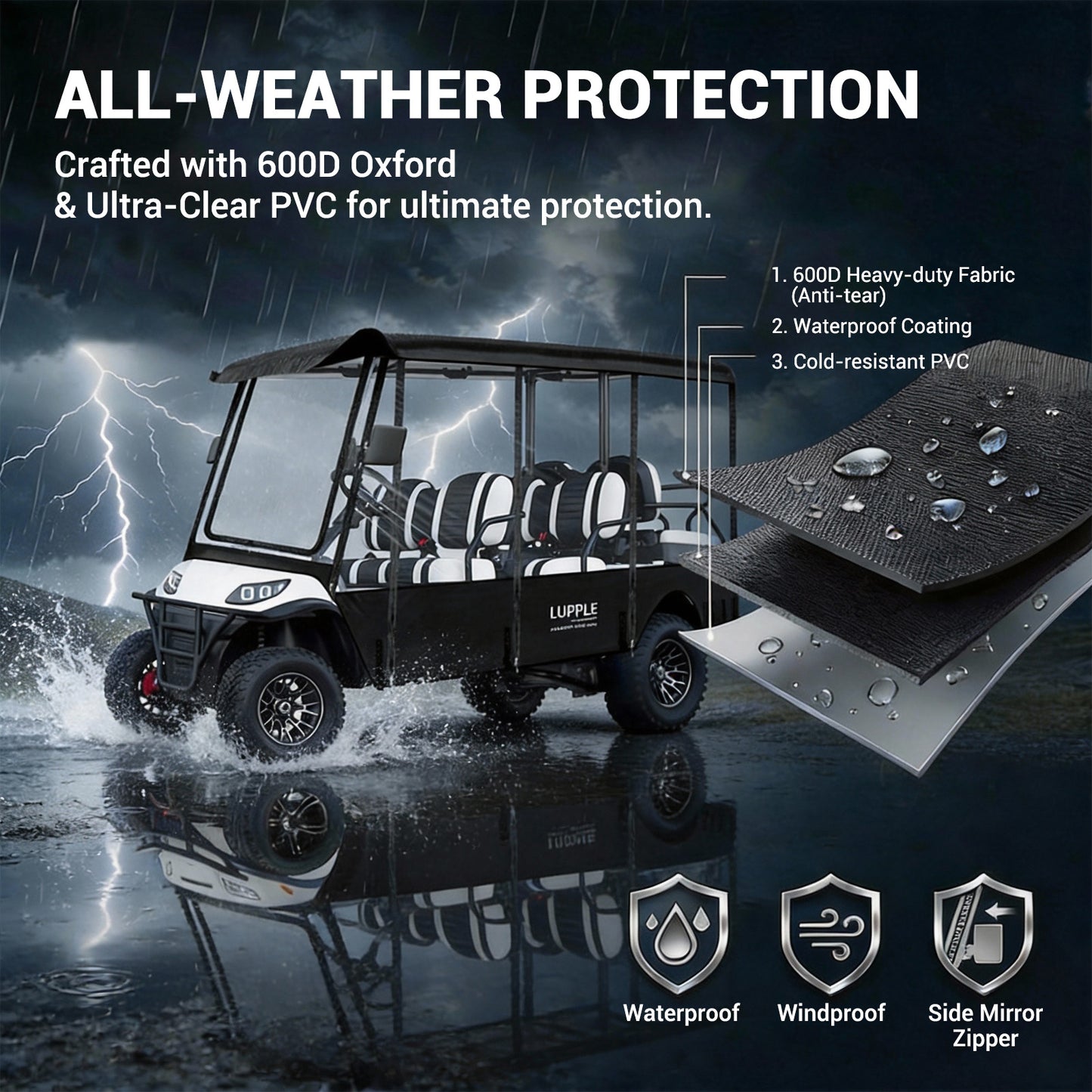 6 Passenger Golf Cart Enclosure for ICON i60 i60L G60 G60L, 4+2 Seater Rain Cover for Extended Long Roof