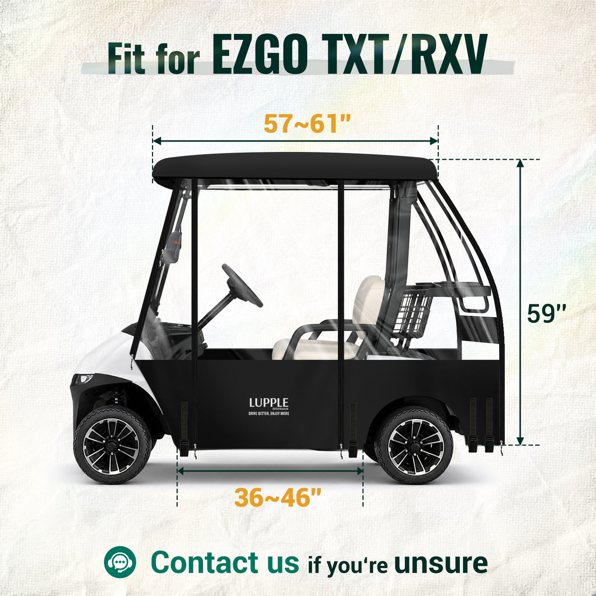 2 Passenger Golf Cart Enclosure for EZGO TXT/RXV, Fits 57–61" Short Roofs