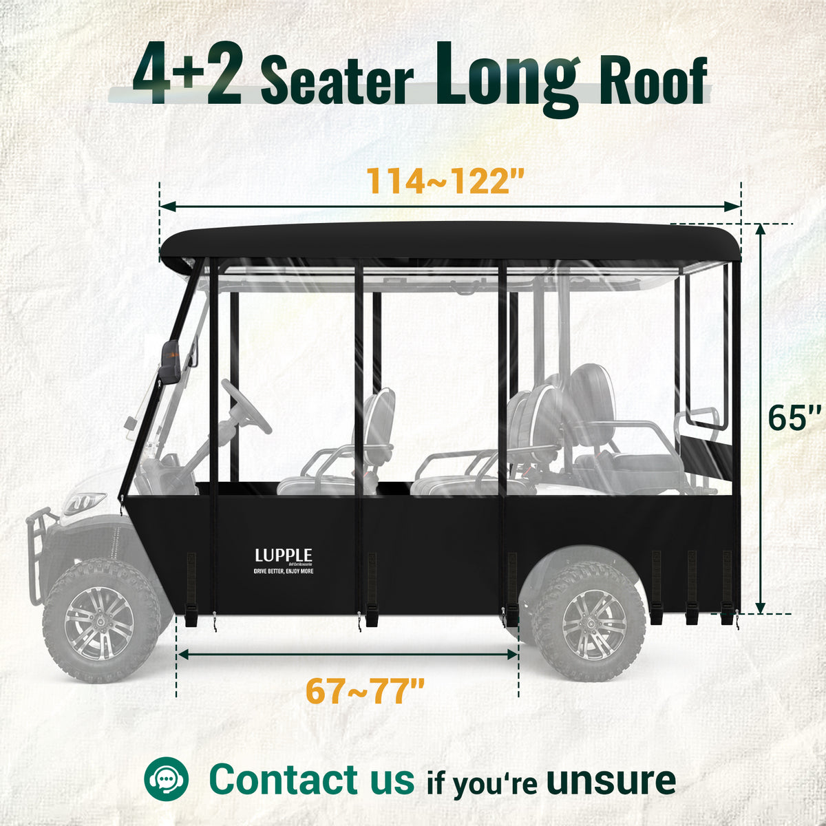 Universal 6 Passenger Golf Cart Enclosure for 114–122" Long Roof, 4+2 Seating