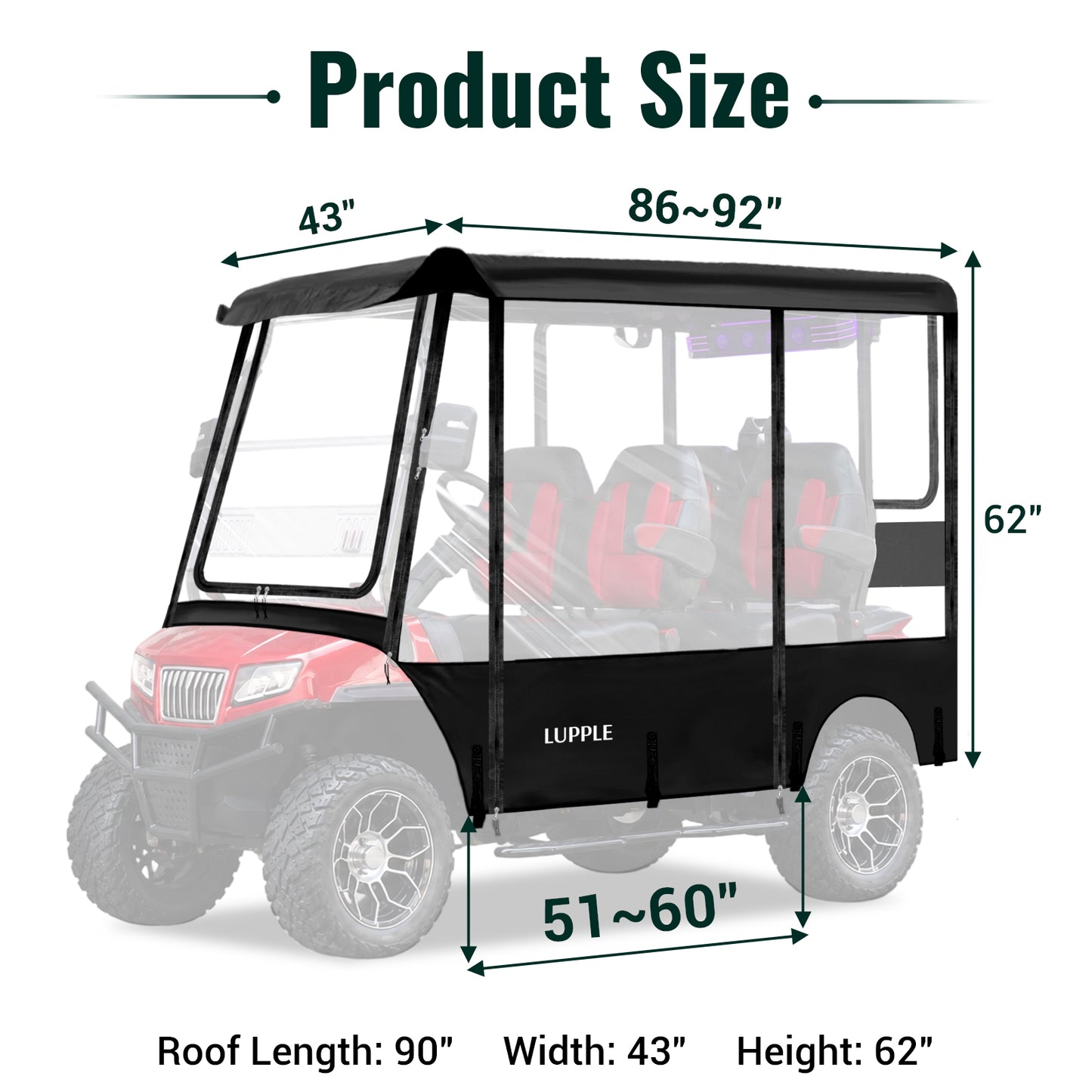 4 Passenger Golf Cart Enclosures for Evolution D5 Ranger & Maverick 4, Extended Roof Rain Cover