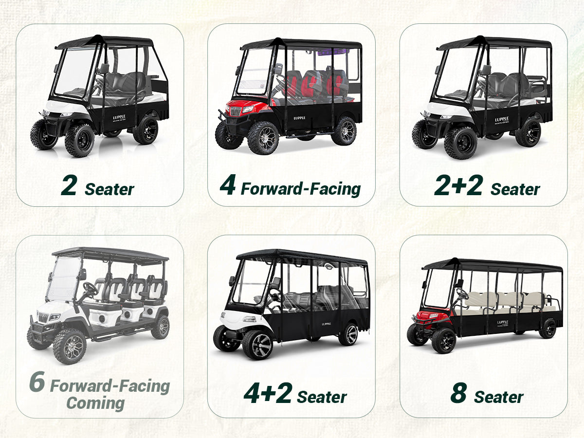 Golf cart enclosure options shown for different seating and roof setups