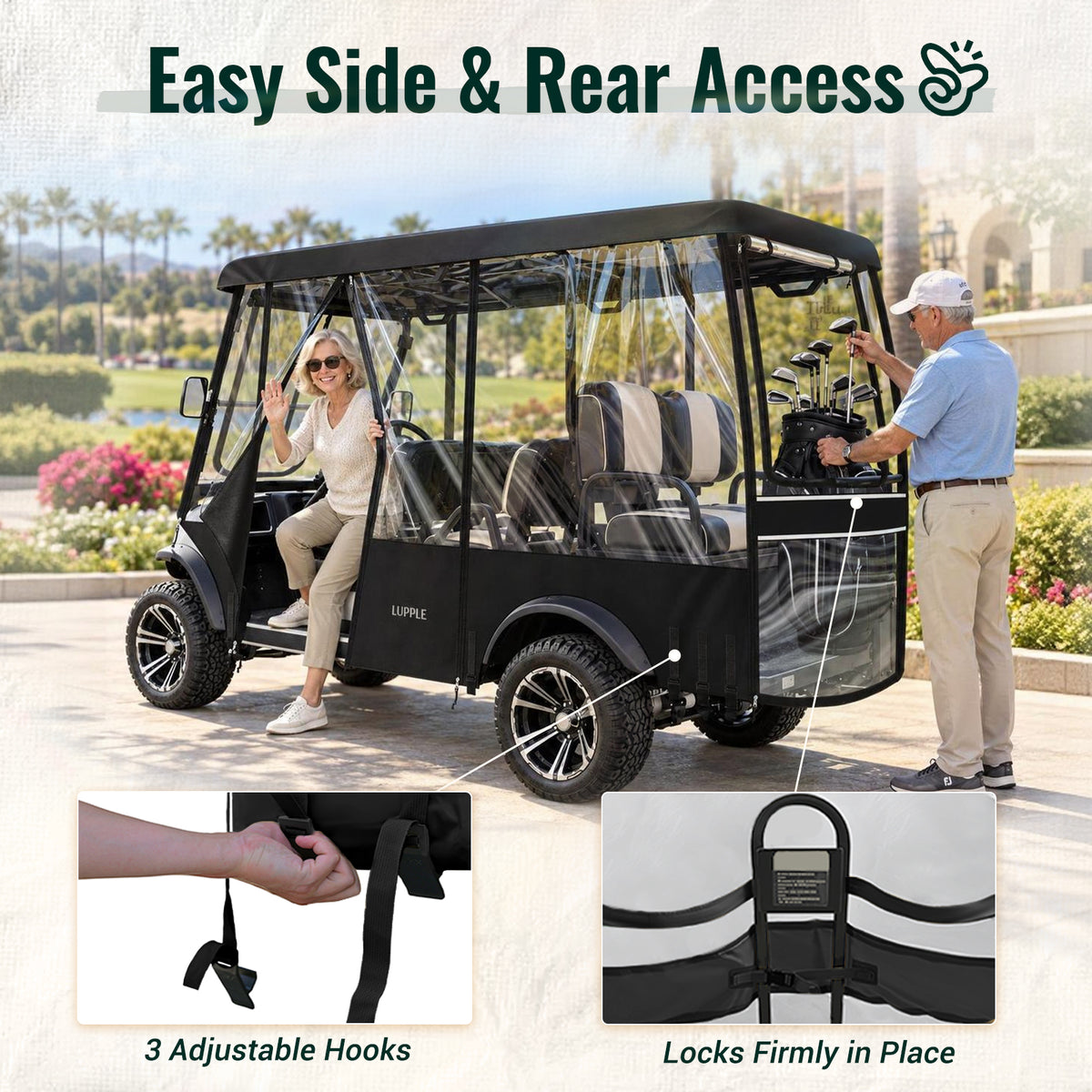 Universal 6 Passenger Golf Cart Enclosure for 114–122" Long Roof, 4+2 Seating