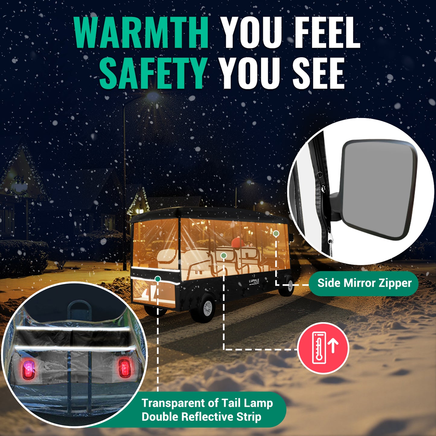 8-Passenger Golf Cart Enclosure 140–142" Roofs for Club Car/EZGO/Yamaha, 600D Oxford, 4-Side Zip Doors