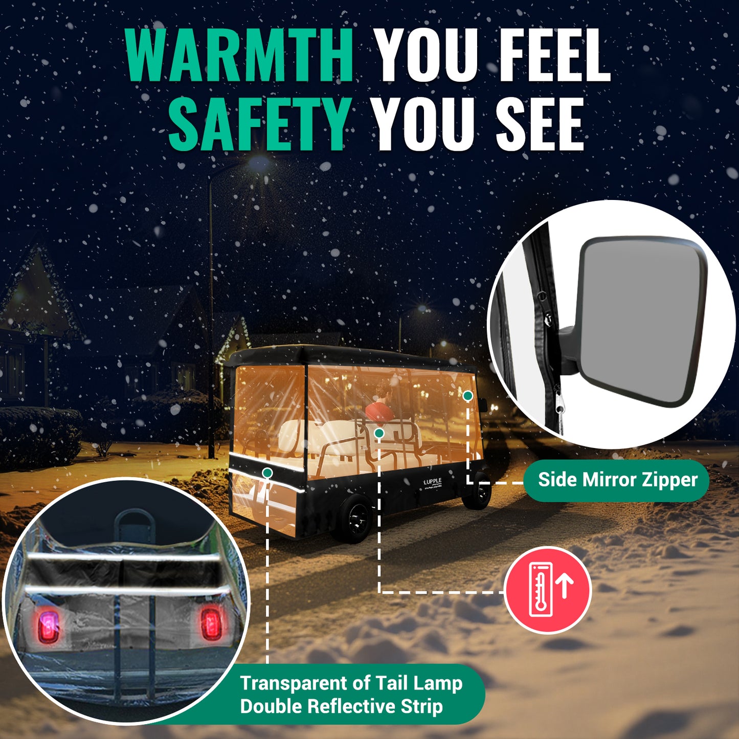 6 Passenger Enclosure for Club Car, 122.05 in Roof, 600D+PVC, 4-Side Zip Doors, Elastic Hem & Hooks