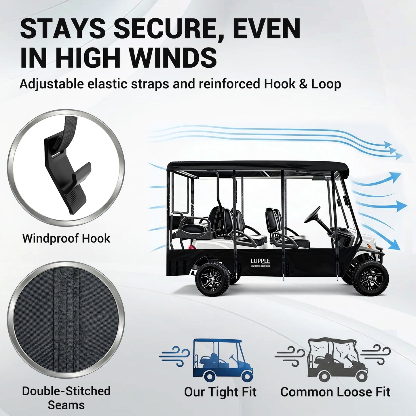 6 Passenger Golf Cart Enclosure for ICON i60 i60L G60 G60L, 4+2 Seater Rain Cover for Extended Long Roof