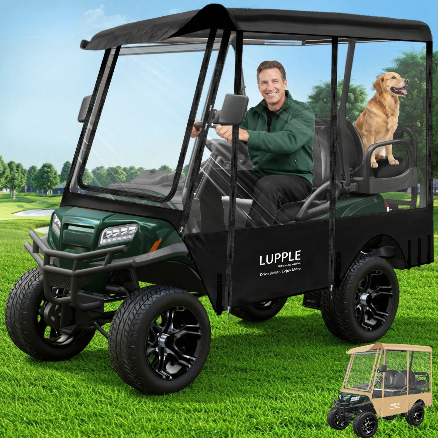 Universal 4-Passenger Golf Cart Enclosure, 94.4" Extended Roof (EZGO/Yamaha/Club Car/Evolution), 600D+PVC, 4-Side Zip Doors