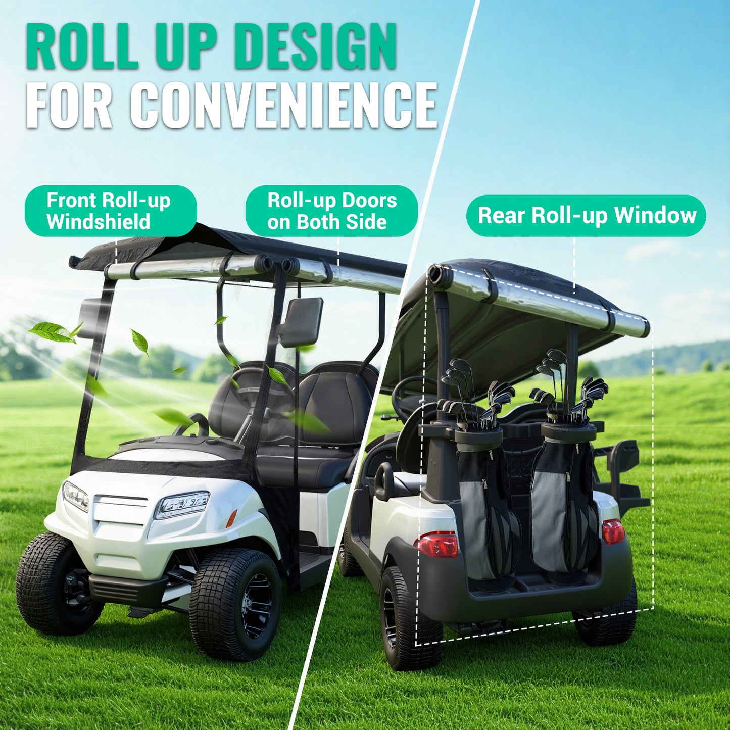 2 Passenger Golf Cart Enclosure for EZGO TXT/RXV, Fits 57–61" Roofs, 600D+PVC, Extended Rear Space, 4-Side Zip Doors
