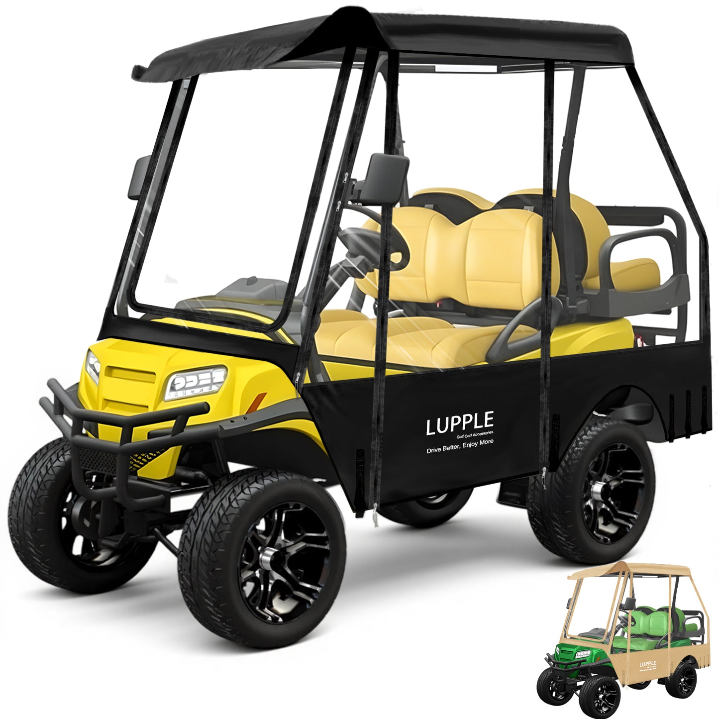 Club Car DS 4-Passenger Golf Cart Enclosure, 59in Short Roof, 600D+PVC, Elastic Hem & Hooks, 4-Side Zip Doors