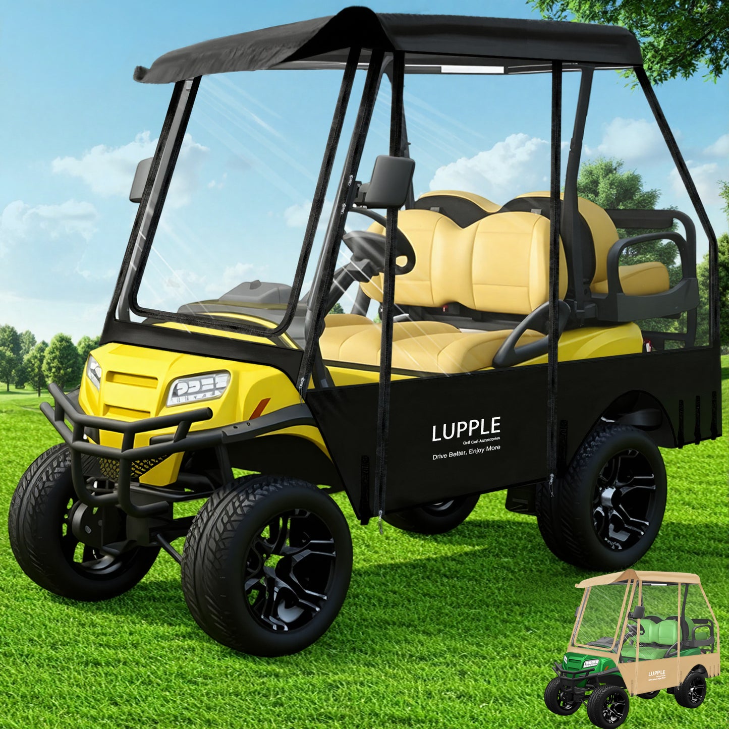 Club Car DS 4-Passenger Golf Cart Enclosure, 59in Short Roof, 600D+PVC, Elastic Hem & Hooks, 4-Side Zip Doors