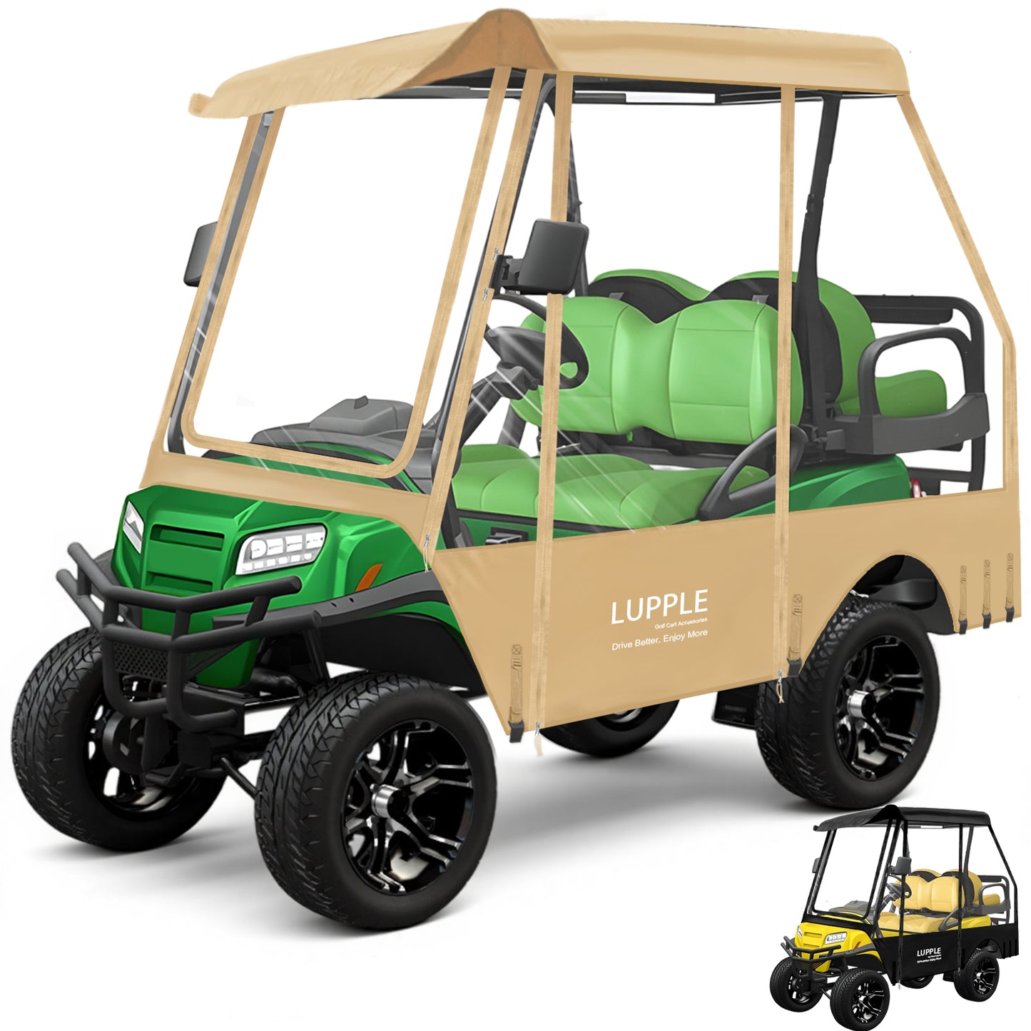 Club Car DS 4-Passenger Golf Cart Enclosure, 59in Short Roof, 600D+PVC, Elastic Hem & Hooks, 4-Side Zip Doors
