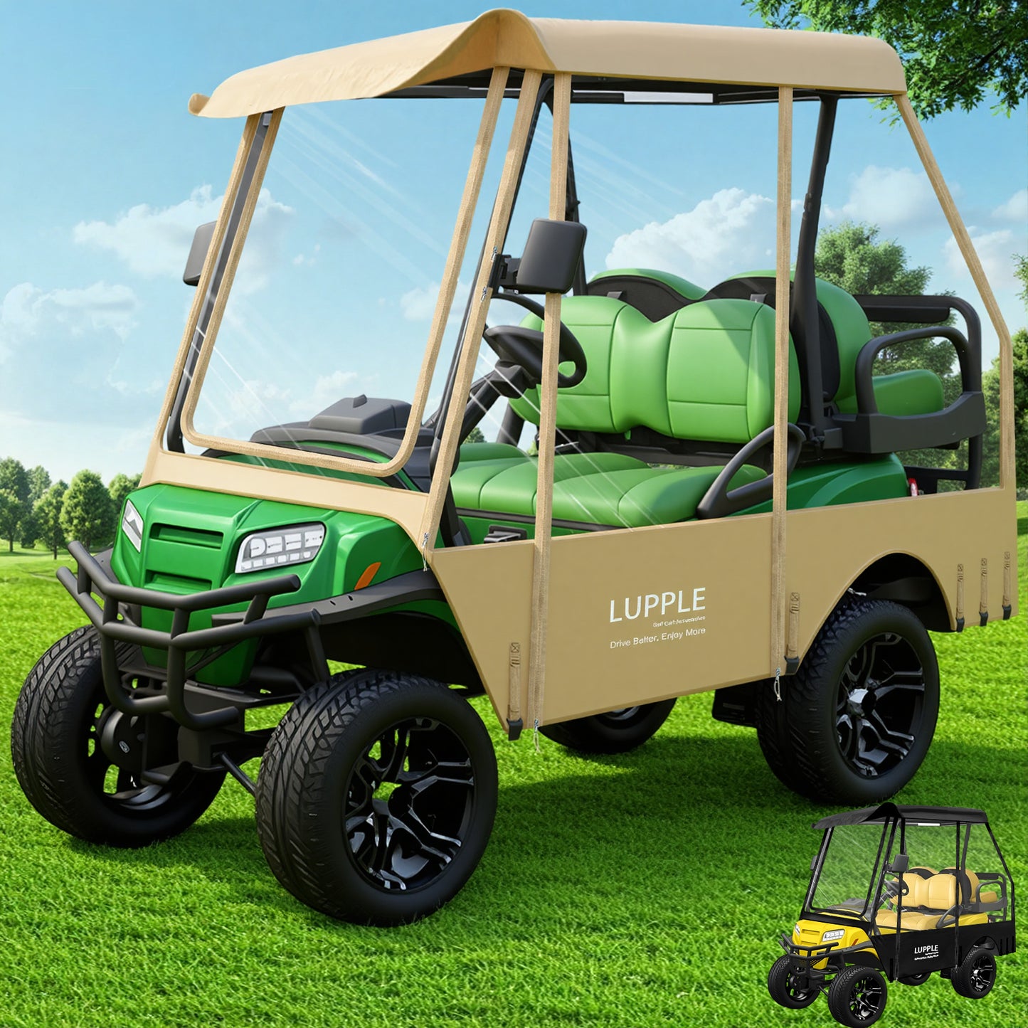 Club Car DS 4-Passenger Golf Cart Enclosure, 59in Short Roof, 600D+PVC, Elastic Hem & Hooks, 4-Side Zip Doors
