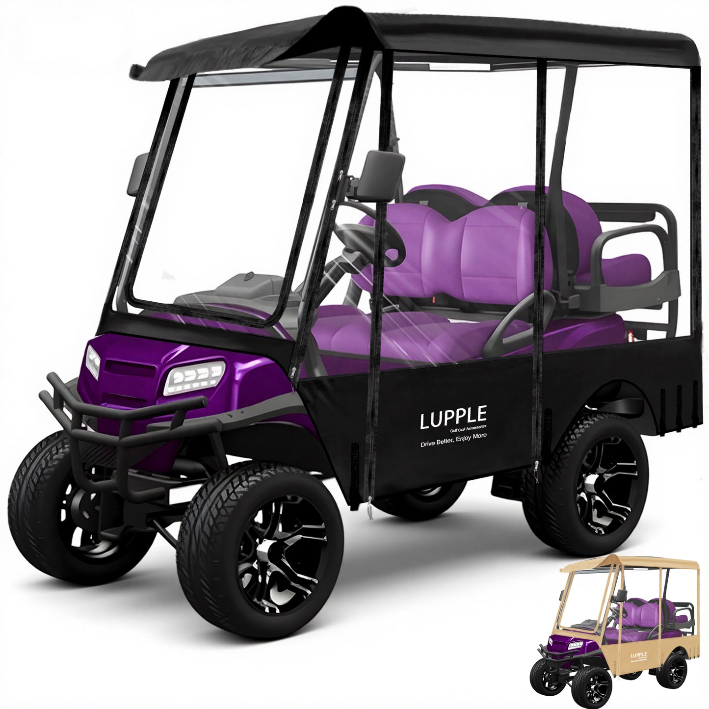 Club Car Precedent 4-Passenger Enclosure, 94.49" Extended Roof, 600D+PVC, Elastic Hem & Hooks, 4-Side Zip Doors