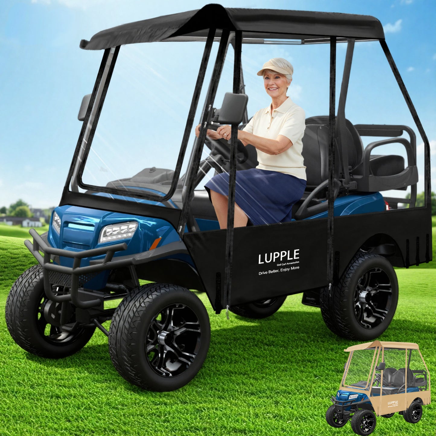 Club Car Precedent 4-Passenger Golf Cart Enclosure, 59in Short Roof, 600D+PVC, Elastic Hem & Hooks, 4-Side Zip Doors