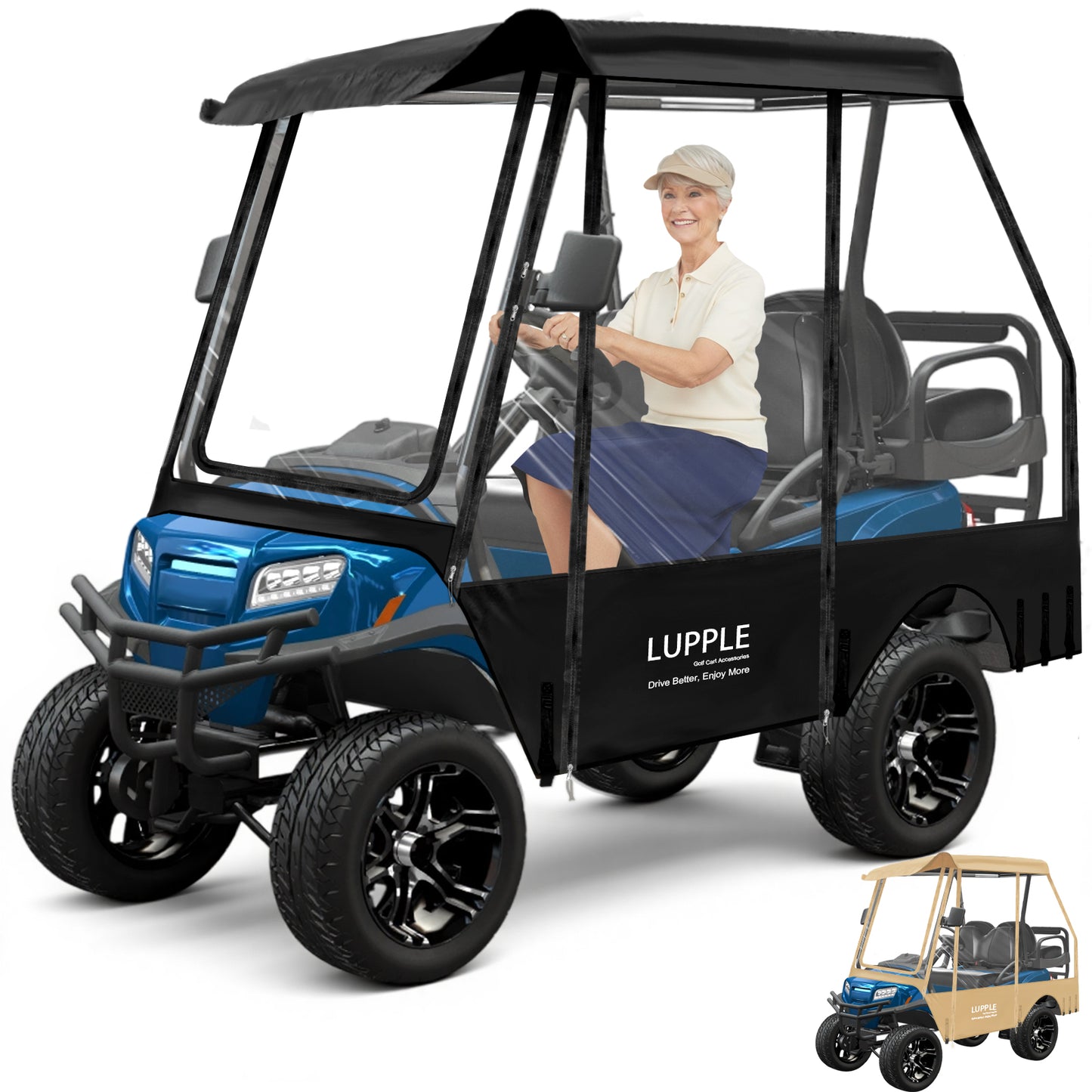 Club Car Precedent 4-Passenger Golf Cart Enclosure, 59in Short Roof, 600D+PVC, Elastic Hem & Hooks, 4-Side Zip Doors