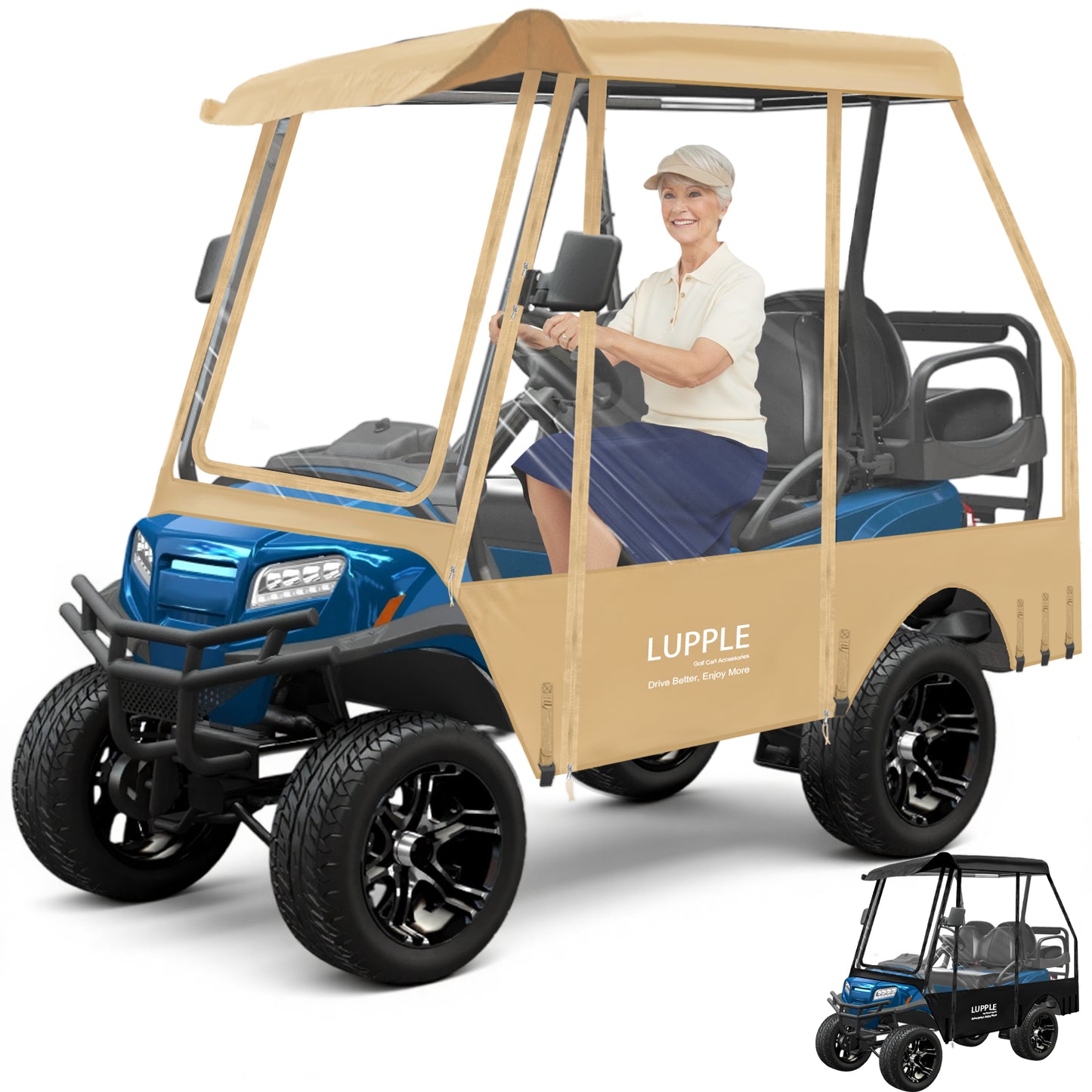 Club Car Precedent 4-Passenger Golf Cart Enclosure, 59in Short Roof, 600D+PVC, Elastic Hem & Hooks, 4-Side Zip Doors