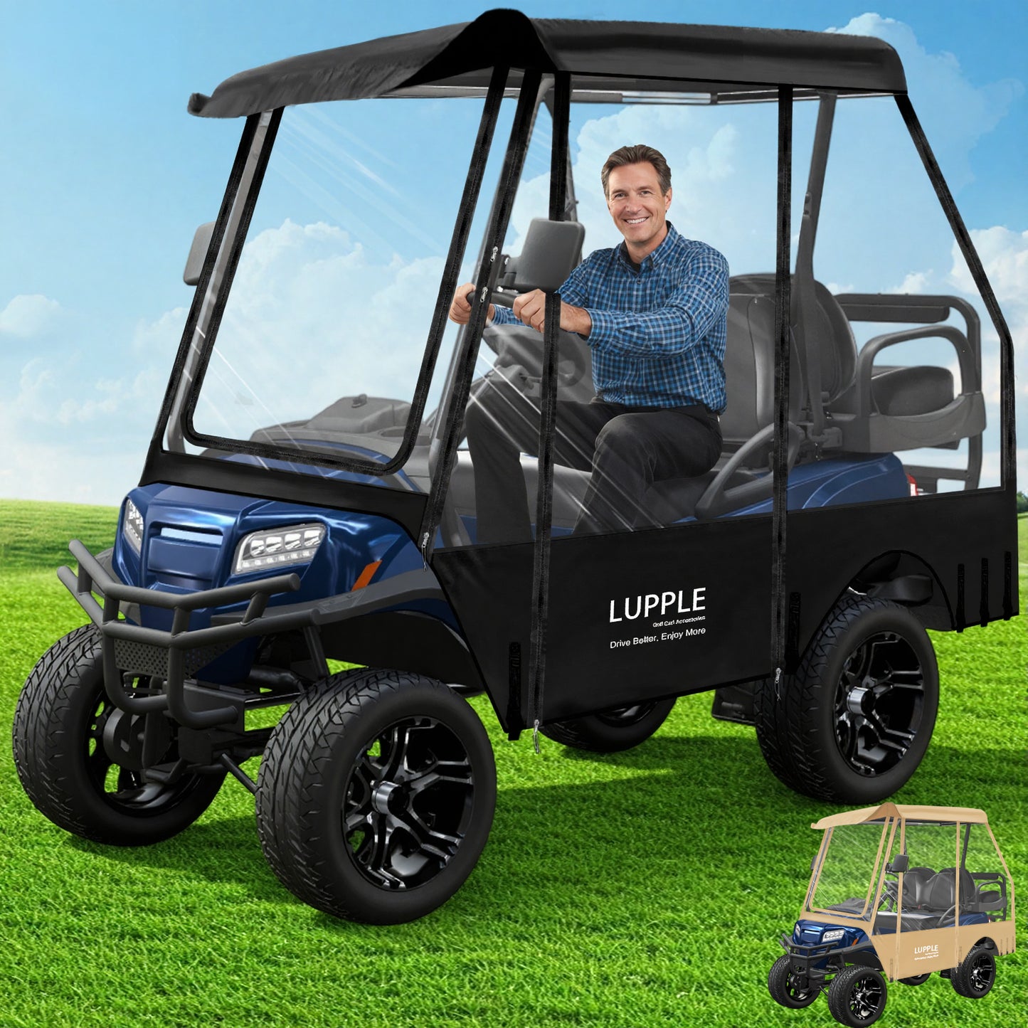 EZGO TXT/RXV 4-Passenger Golf Cart Enclosure, 59in Short Roof, 600D+PVC, 4-Side Zip Doors