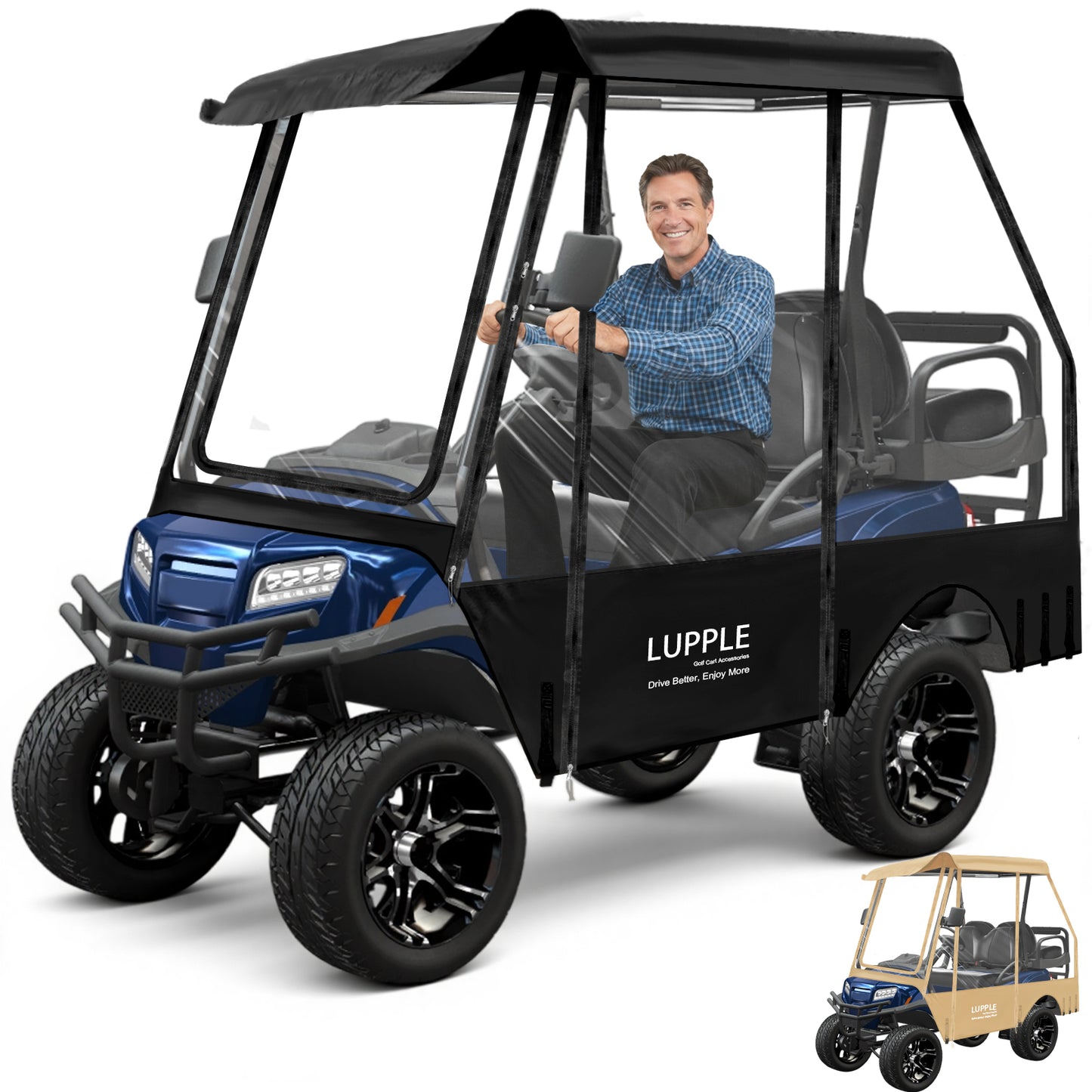 EZGO TXT/RXV 4-Passenger Golf Cart Enclosure, 59in Short Roof, 600D+PVC, 4-Side Zip Doors