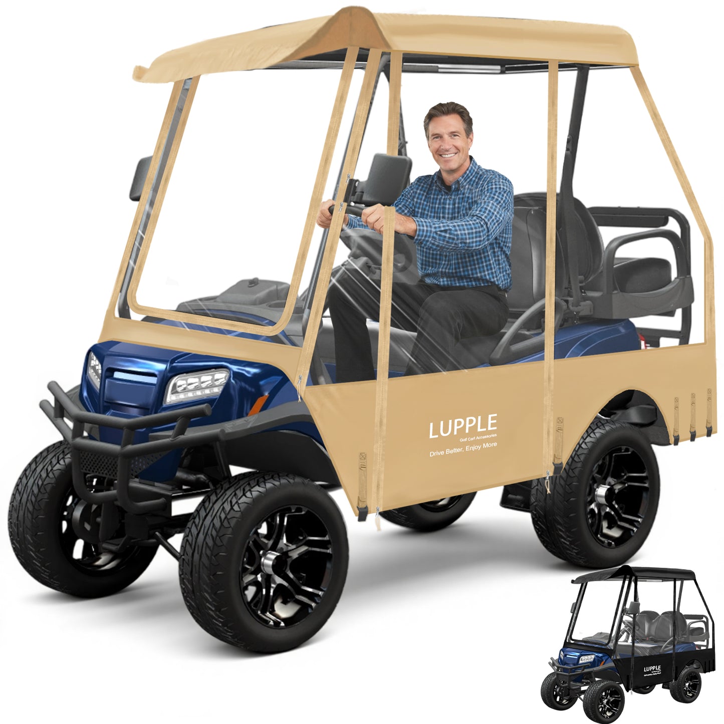 EZGO TXT/RXV 4-Passenger Golf Cart Enclosure, 59in Short Roof, 600D+PVC, 4-Side Zip Doors