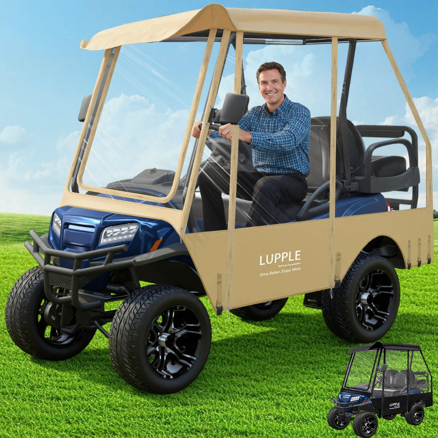EZGO TXT/RXV 4-Passenger Golf Cart Enclosure, 59in Short Roof, 600D+PVC, 4-Side Zip Doors