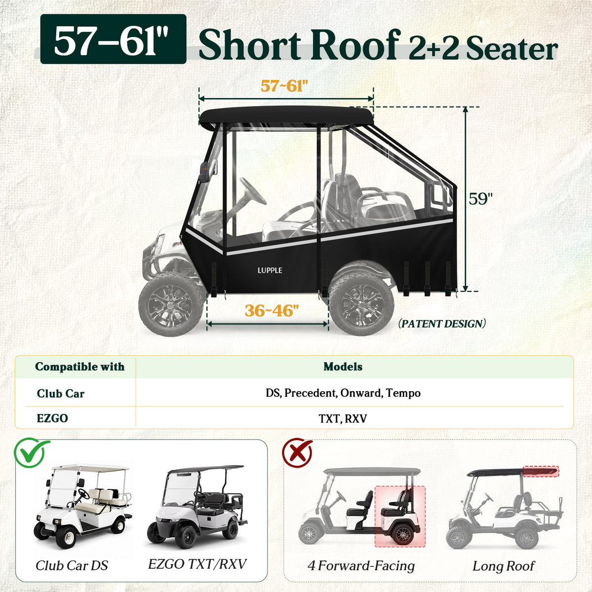 4 Passenger Golf Cart Enclosure for 57-61'' Short Roof, Fit for Club Car DS, Precedent, Onward, Tempo & EZGO TXT/RXV